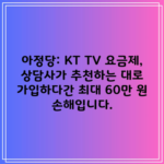 아정당: KT TV 요금제, 상담사가 추천하는 대로 가입하다간 최대 60만 원 손해입니다.