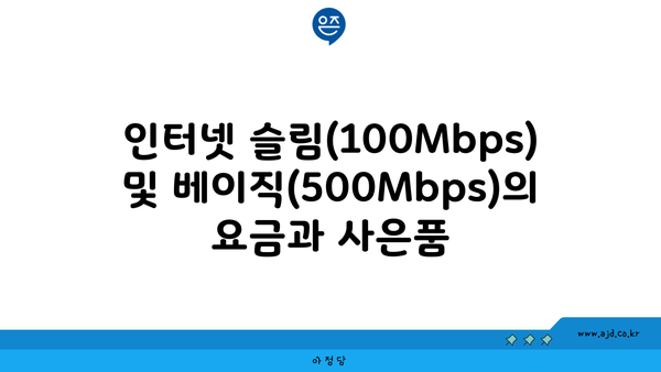 인터넷 슬림(100Mbps) 및 베이직(500Mbps)의 요금과 사은품